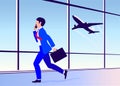 Vector illustration young man hurries on a plane at the airport